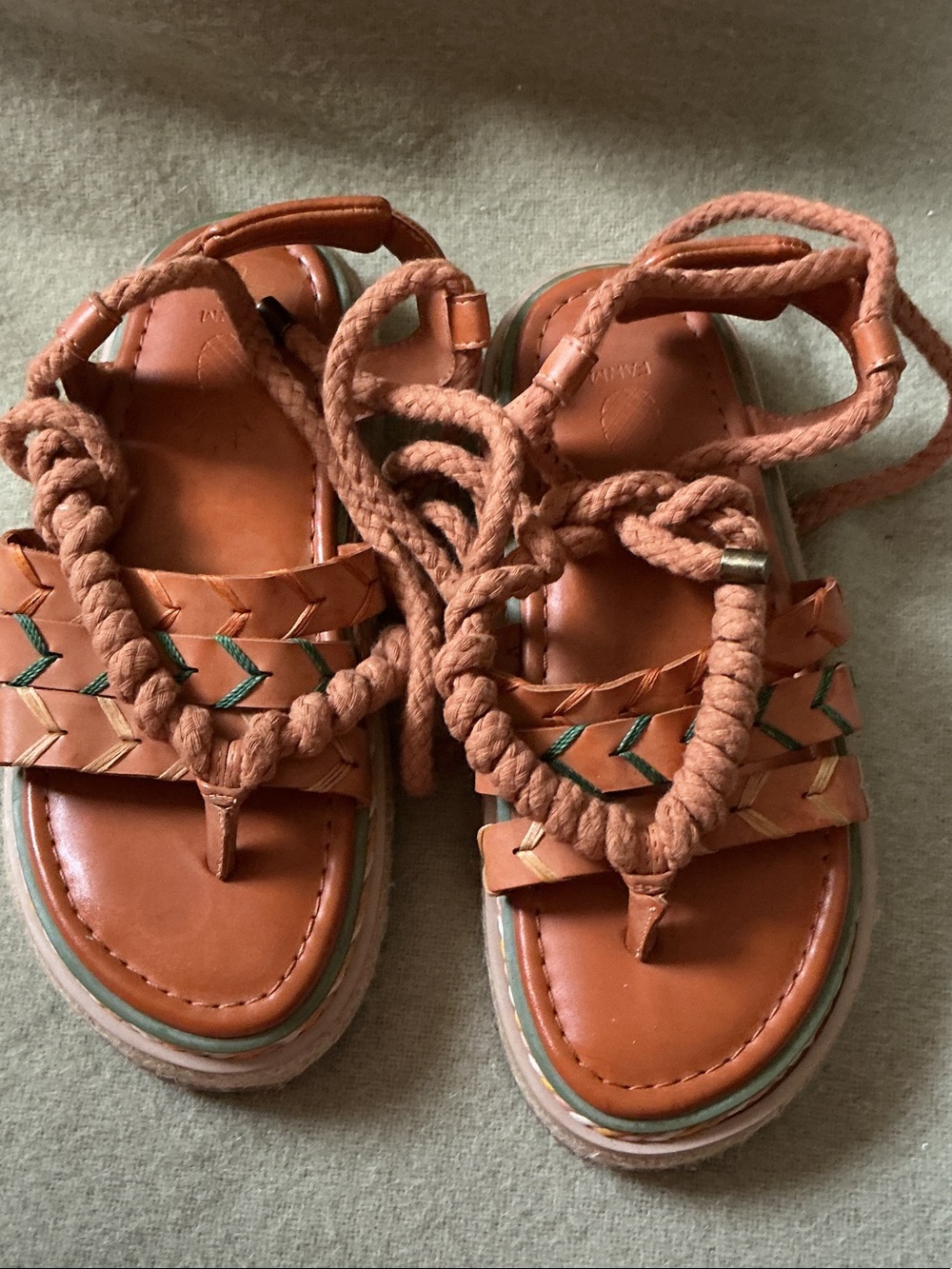 FARM Rio Cognac Braided Rope Platform Sandals with Teal Stitching
